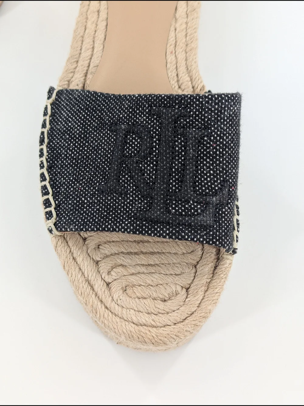 Ralph Lauren Polly Denim Espadrille Slides Blue Monogram Jute Platform Sandals 7
